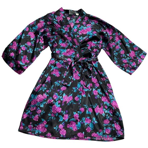VTG Intimate Moments Robe Floral Waist Tie Short Silky Womens One Size Black - Picture 1 of 5